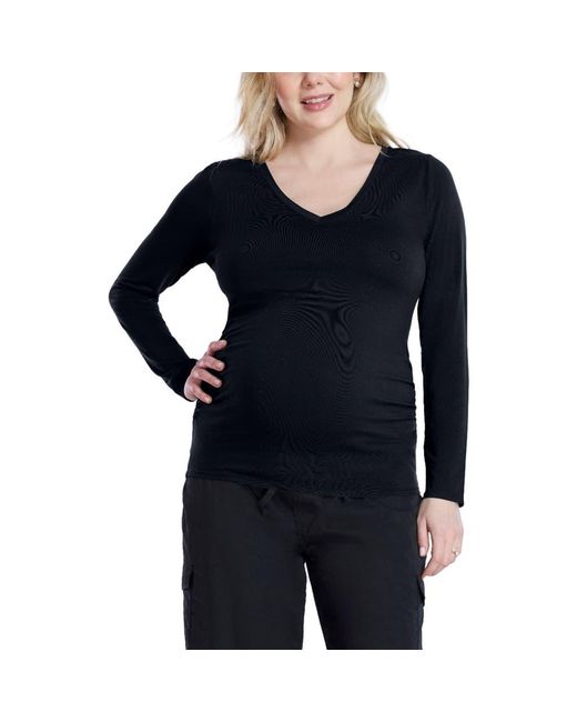 Motherhood Maternity Black V-Neck Side-Ruched Maternity Long Sleeve Tee