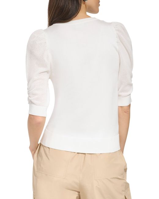 DKNY White Puff Sleeve V-neck Sweater