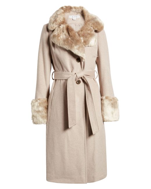 Via Spiga Natural Wool Blend Belted Coat With Faux Fur Trim