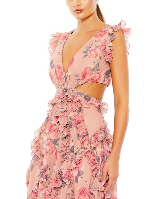 Mac Duggal Pink Floral Ruffle Cutout Chiffon A-line Gown