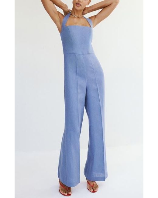 Mango Blue Solid Linen Halter Jumpsuit