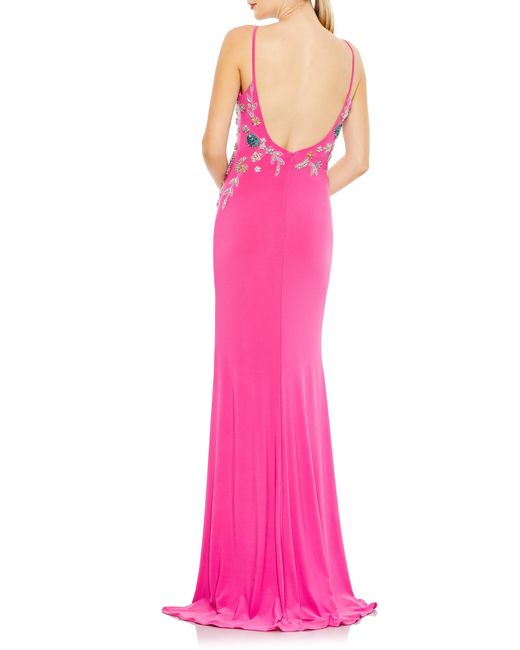 Mac Duggal Pink Beaded Floral Detail Side Slit Gown