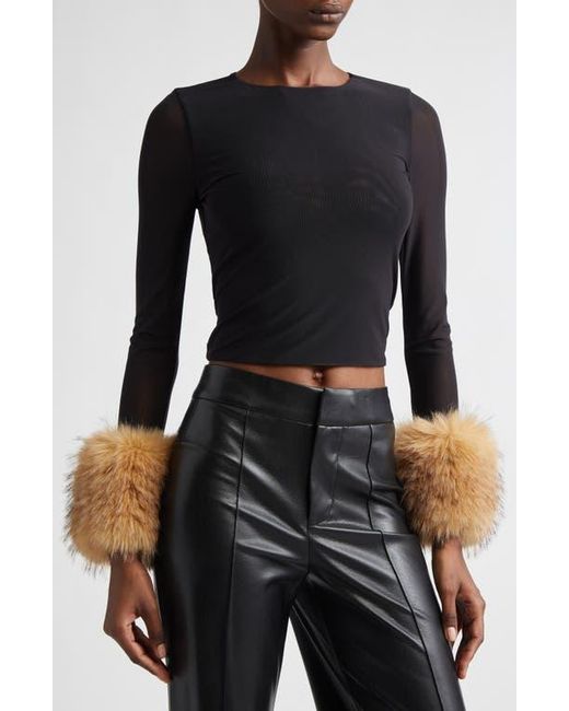 Alice + Olivia Black Delaina Faux Fur Cuff Mesh Crop Top