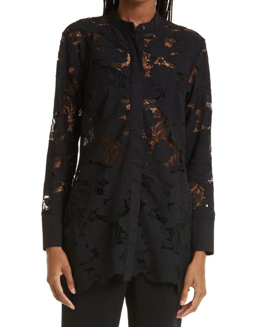 Donna Karan Black Floral Lace Tunic Blouse