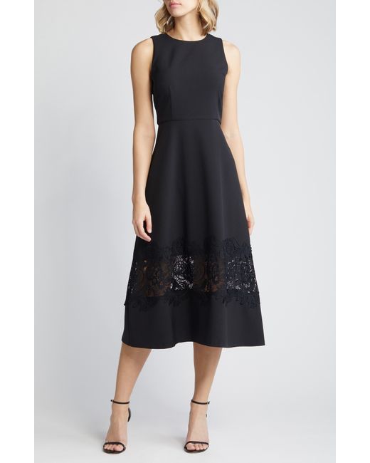 Anne Klein Black Lace Inset Fit & Flare Midi Dress