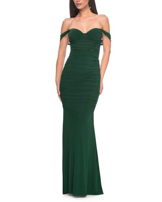 La Femme Green Off The Shoulder Net Jersey Dress With Ruching