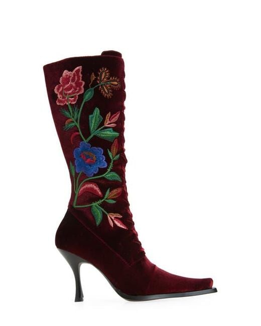 Jeffrey Campbell Red Joyeux Floral Lace-Up Knee High Boot