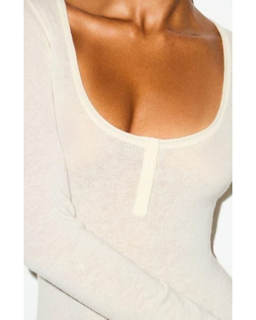 Skims White Long Sleeve Cashmere Henley Minidress