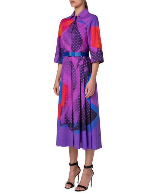 Akris Purple Print Belted Wool & Silk Midi Shirtdress