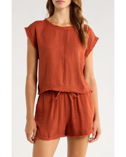 Elan Red Bali Fray Edge Cotton Cover-Up Crop Top
