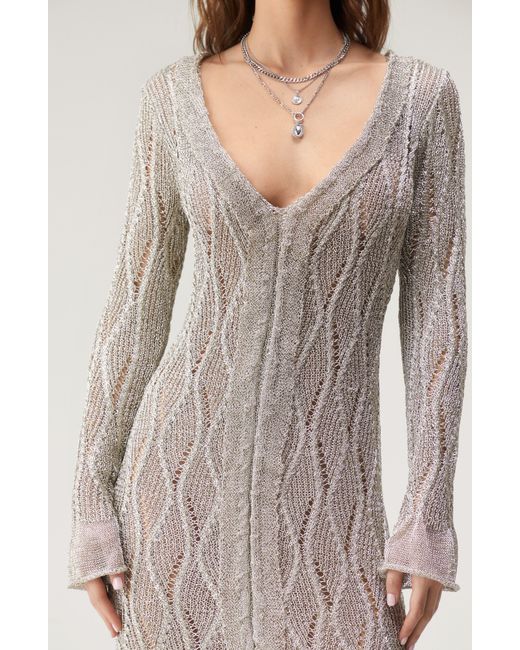 Nasty Gal Gray Metallic Open Stitch Long Sleeve Sweater Dress