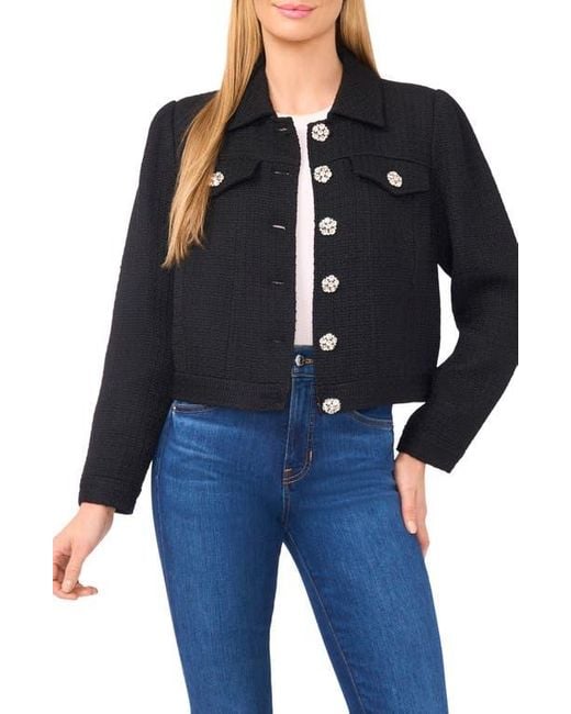 Cece Blue Crystal Floral Button Jacket