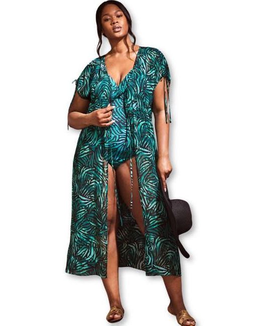 Live Unlimited Green Abstract Drawstring Shoulder Kimono