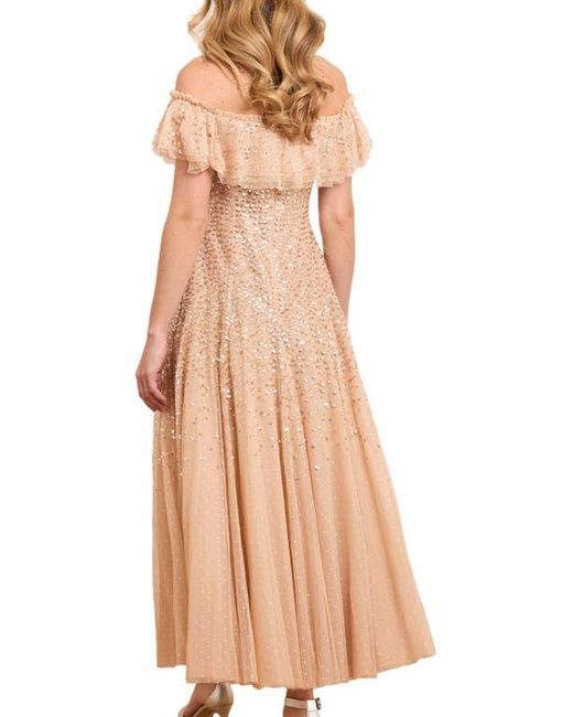 Needle & Thread Brown Dappled Sequin Off-Shoulder Ankle Gown