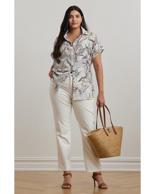 Ralph Lauren Gray Beach Print Relaxed Fit Short Sleeve Linen Button-Up Shirt