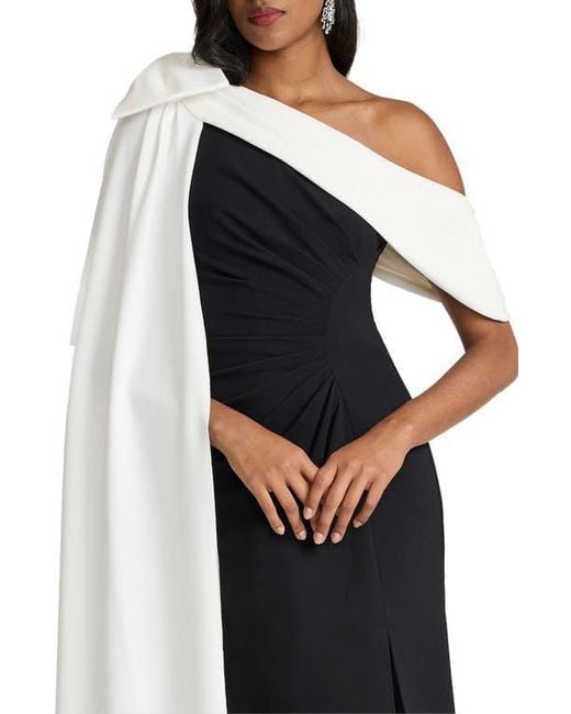 Tadashi Shoji Blue Bow Cape Detail One-Shoulder Gown