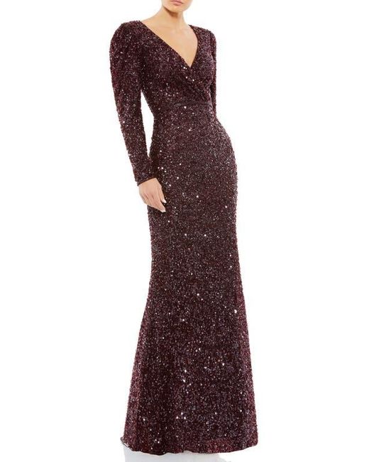 Mac Duggal Purple Puff Shoulder Sequined Surplice Gown
