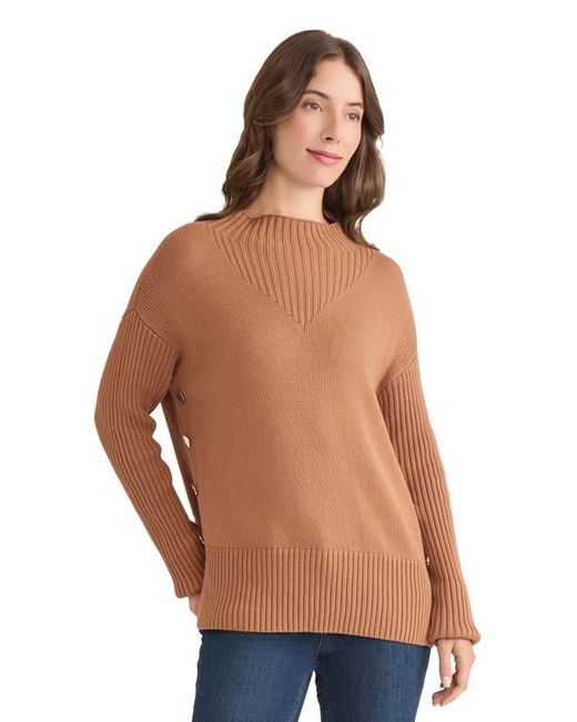 Jones New York Blue Button Detail Rib Funnel Neck Sweater