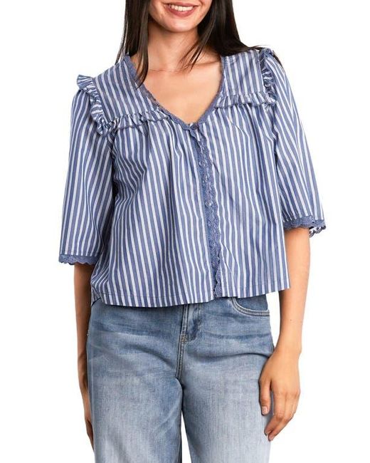 BILLY T Blue Juliet Lace & Ruffle Cotton Blend Top
