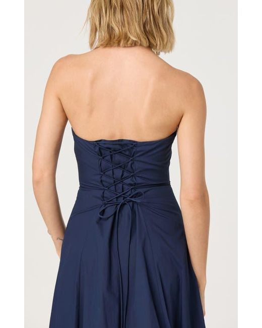 Astr Blue Strapless Bubble Hem Cotton Poplin Midi Dress