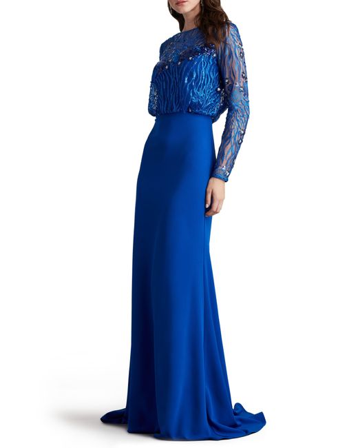 Tadashi Shoji Blue Blouson Sequin Long Sleeve Gown