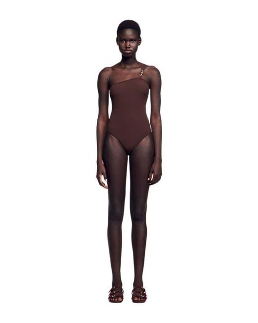 Sandro Brown Asymmetric Leotard With Bead Detail