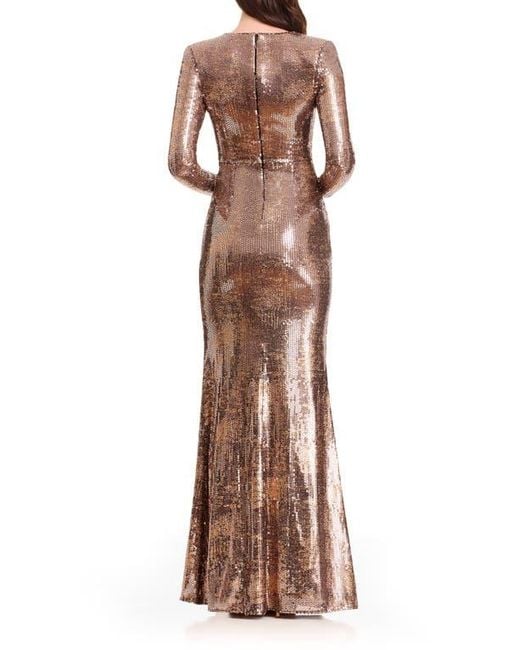 Dress the Population Johanna Sequin Long Sleeve Mermaid Gown in Brown | Lyst