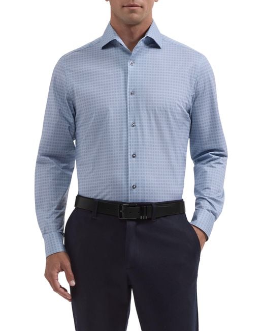 Bugatchi Blue Devon Ooohcotton Tech Grid Stretch Shirt for men