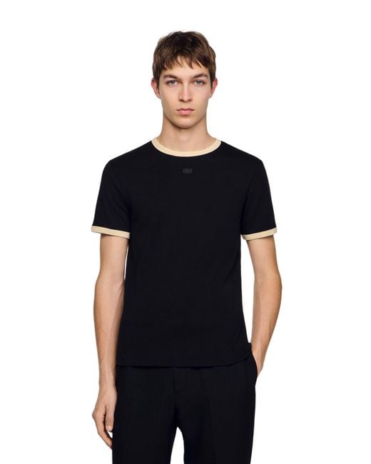 Sandro Black Two-Tone Patch T-Shirt for men