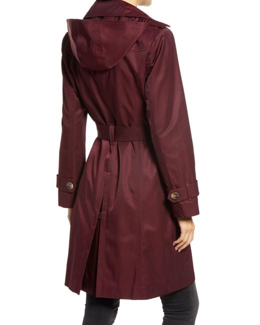 London Fog Double Breasted Trench Coat With Removable Hood in Burgundy ...