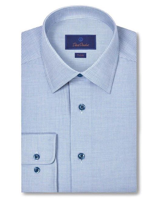 David Donahue Blue Trim Fit Micro Houndstooth Cotton & Cashmere Dobby Dress Shirt for men