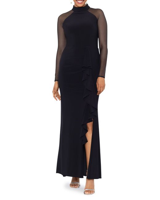 Betsy & Adam Black Illusion Mesh Long Sleeve Scuba Gown