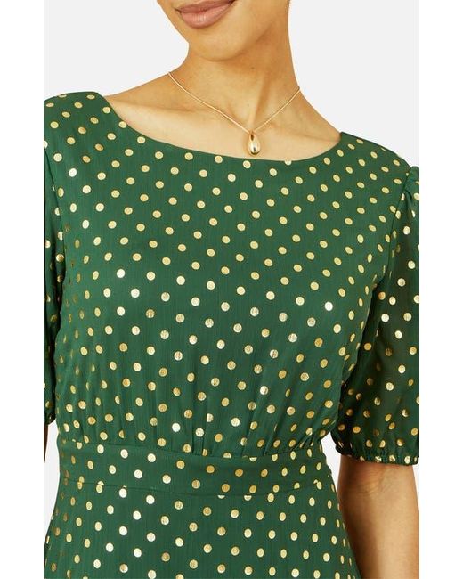 Yumi' Green Foil Spot Midi Dress With Scoop Back