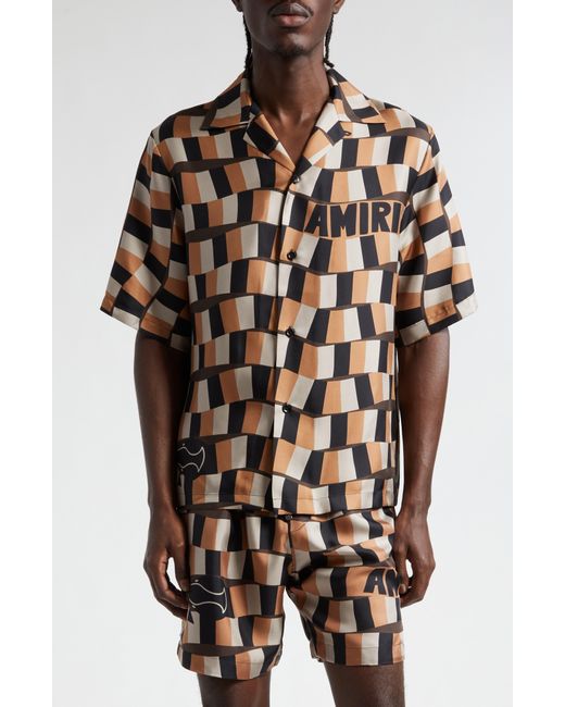 Amiri Brown Snake Checkerboard Silk Camp Shirt for men