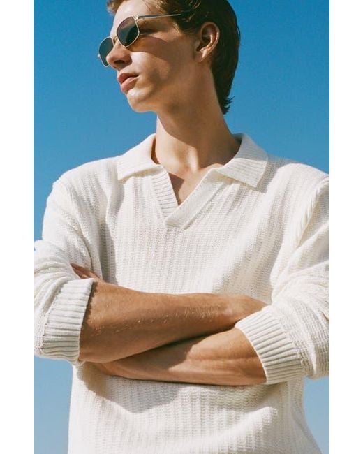 Mango White Structured Cotton Polo Sweater for men