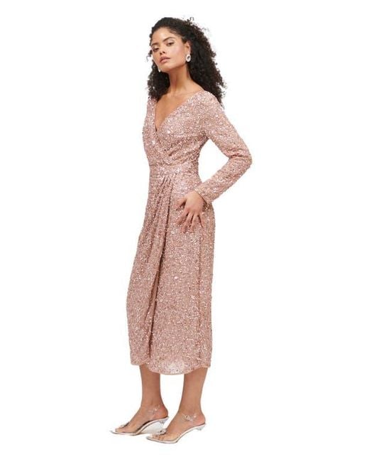 Beauut Pink Occasion Embellished Sequin Beaded Maxi Wrap With Sleeves Evening Dress