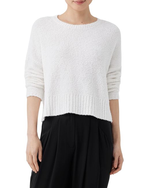 Eileen Fisher White Crewneck Boxy Organic Cotton Blend Sweater
