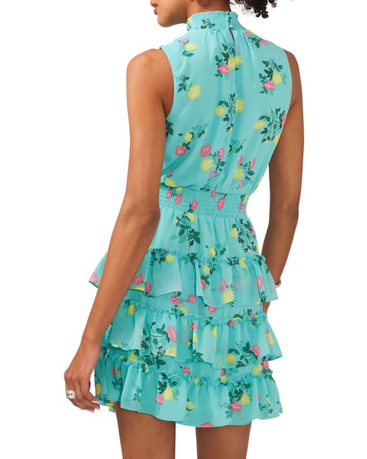 1.STATE Blue Floral Smock Neck Sleeveless Fit & Flare Dress