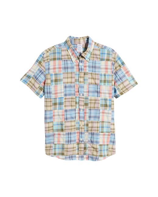 Brooks Brothers Blue Regular Fit Plaid Patchwork Short Sleeve Cotton Madras Button-down Shirt for men