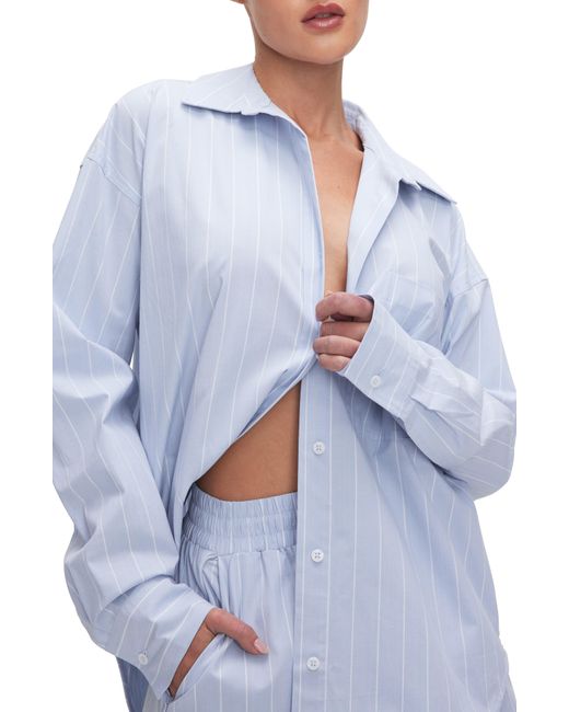 GOOD AMERICAN Blue Oversize Stripe Stretch Cotton Poplin Button-up Shirt