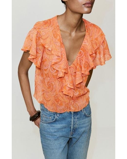 Mango Orange Ruffled Printed Top