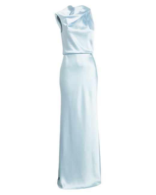 Amsale Blue Asymmetric Neck Satin Gown
