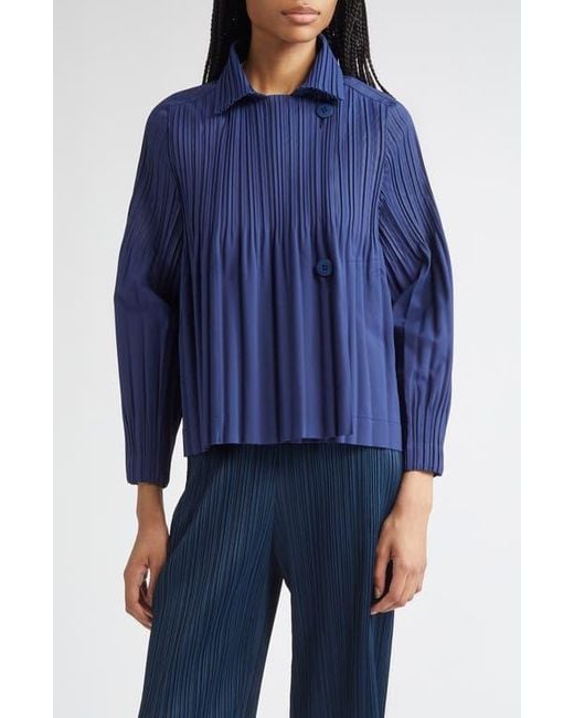Pleats Please Issey Miyake Blue Smooth Pleated Coat