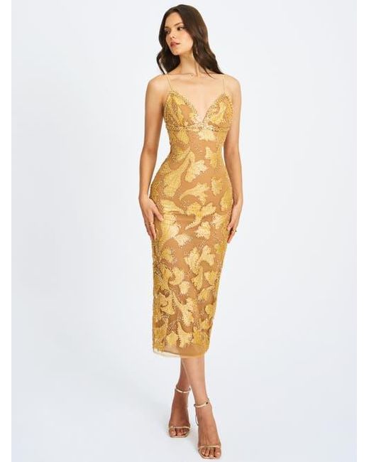 Miss Circle Metallic Edie Beaded Sequin Midi Pencil Dress