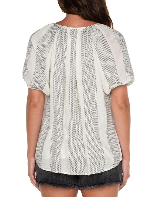 Liverpool Los Angeles White Stripe Puff Sleeve Button-up Top