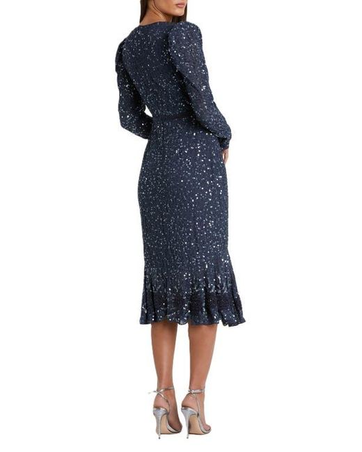 Mac Duggal Blue Sequin Gown With Embellished Hemlin And Belt
