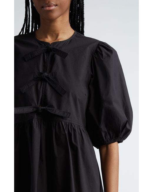 Ganni Black Tie Front Puff Sleeve Organic Cotton Poplin Minidress