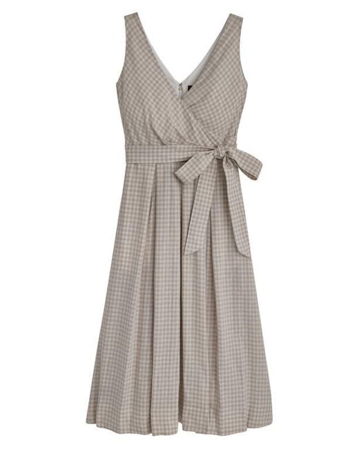 Donna Karan Brown Gingham Linen Blend Faux-Wrap Midi Dress