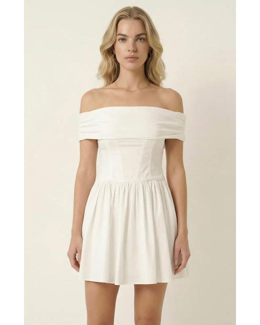 Modenaire Off-Shoulder Ruched Bodice Mini Dress With Flowy Skirt in White |  Lyst