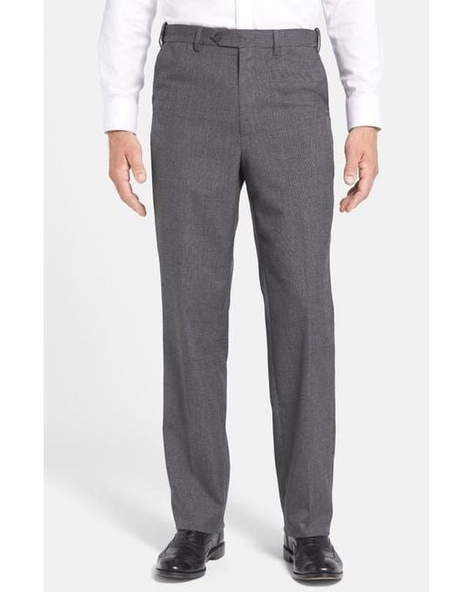 Berle Gray Self Sizer Waist Plain Weave Flat Front Washable Trousers for men